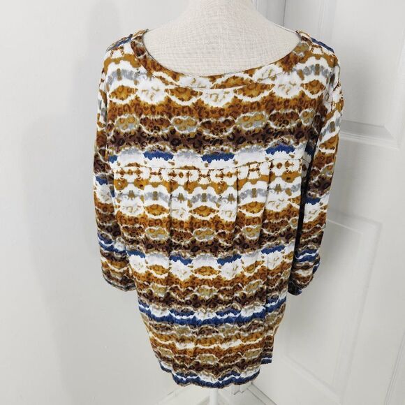 Fig Flower Top Womens 2X Brown Blue Striped Tie Dye Pintuck Rayon Boho Peasant - Picture 6 of 14